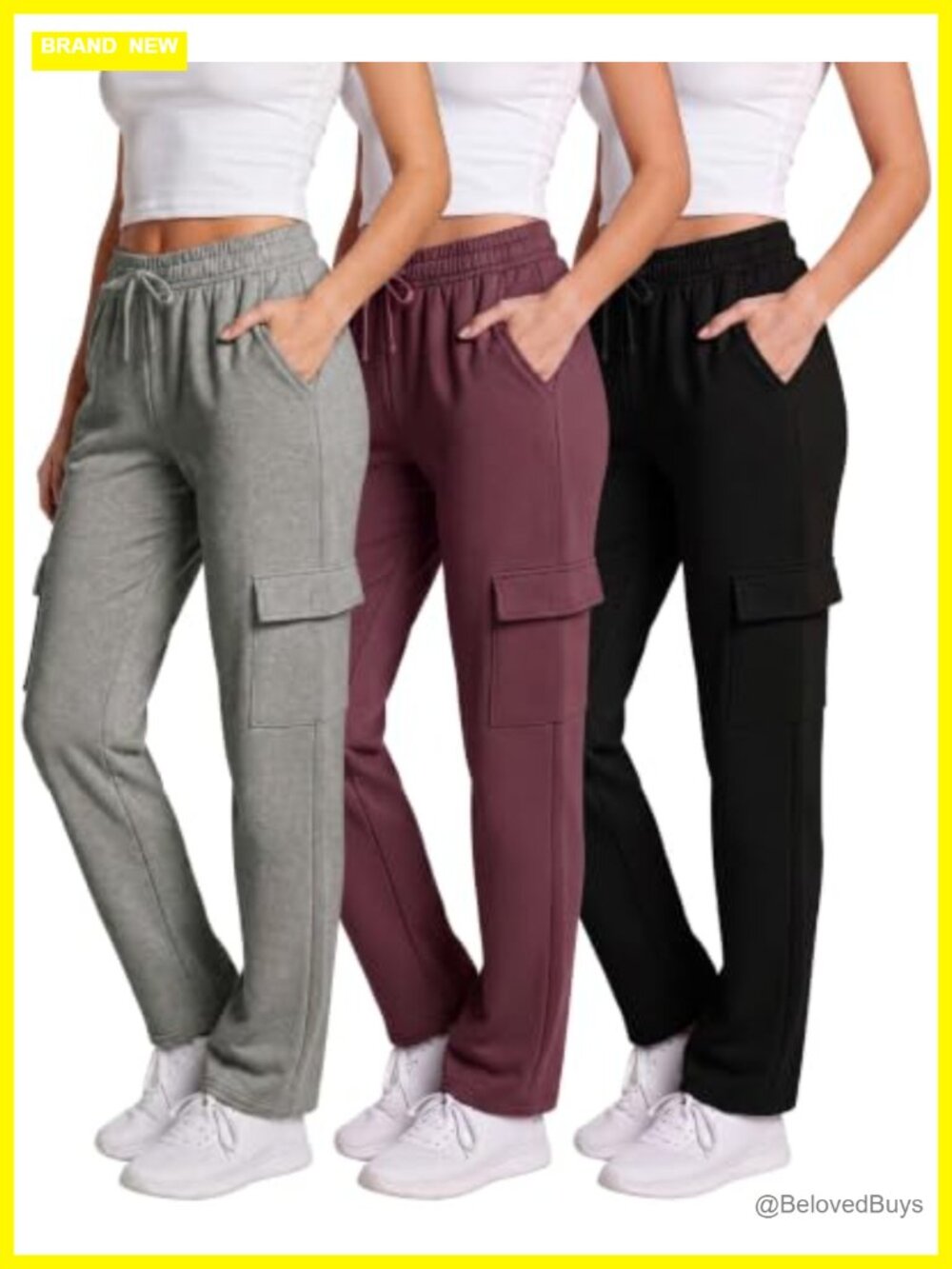 3 Pack Fleece Cargo Sweatpants Drawstring Straight Leg Pockets